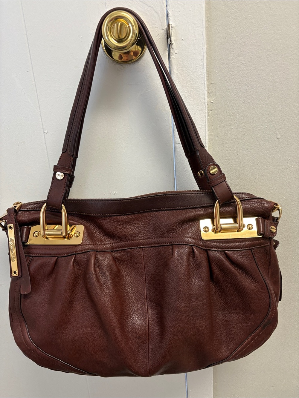 B Makowsky Brown Hobo Leather Purse Bag with Gold Accents - Gently Used